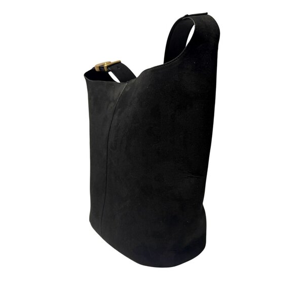 H&M Black Bucket Bag Suede-Like Fabric Goldtone Hardware Adjustable Strap - Picture 2 of 7